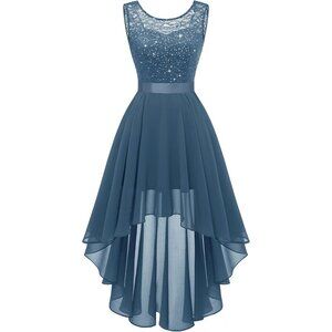 BeryLove Women Grey Blue Chiffon Scoop Neck Sleeveless Lace Cocktail Dress